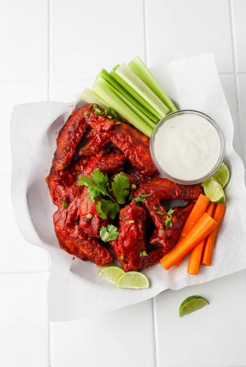 Full platter of red-glazed hot honey chicken wings with vegetables, lime wedges, and pale dip