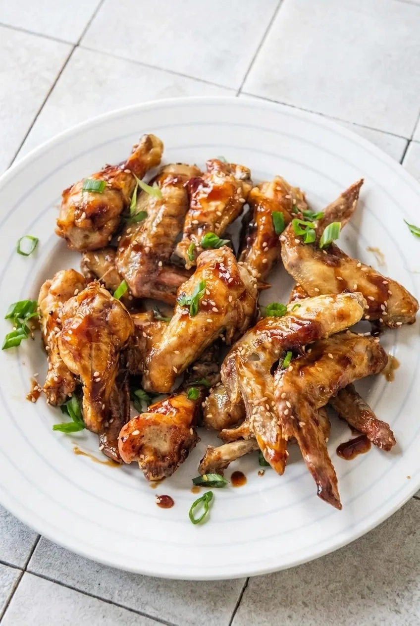 Full white plate of glazed teriyaki chicken wings on a pale tiled surface