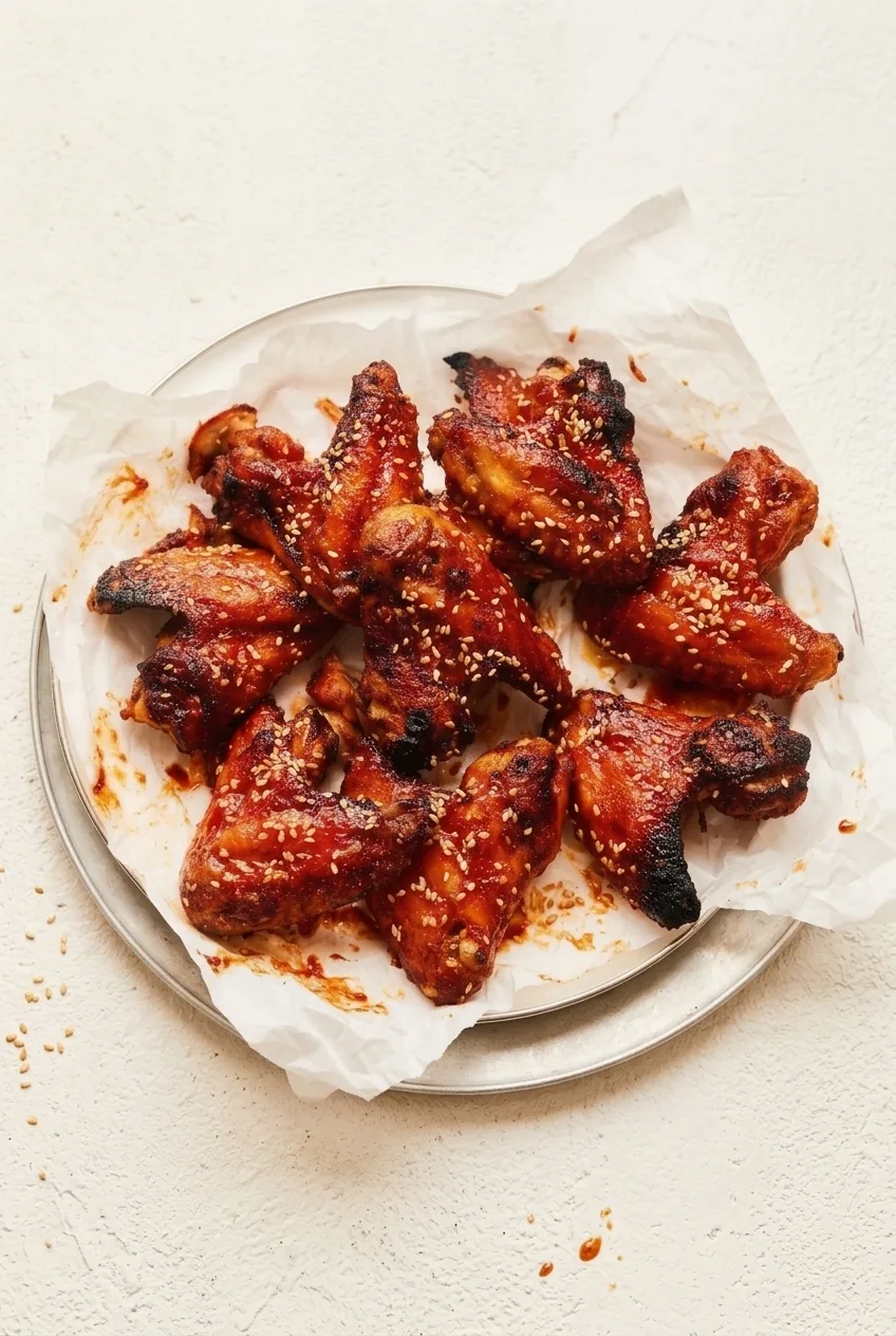 Full platter of glazed honey sriracha chicken wings on a light tabletop