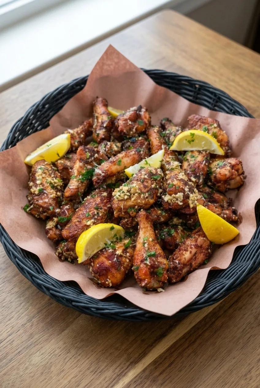 Full basket of garlic butter chicken wings with lemon wedges on a neutral tabletop
