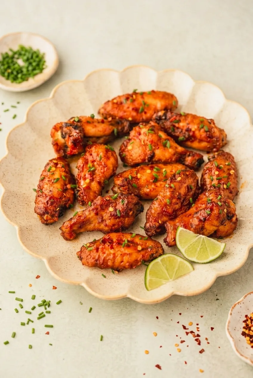 Full platter of sweet chili chicken wings and lime wedges on a light tabletop