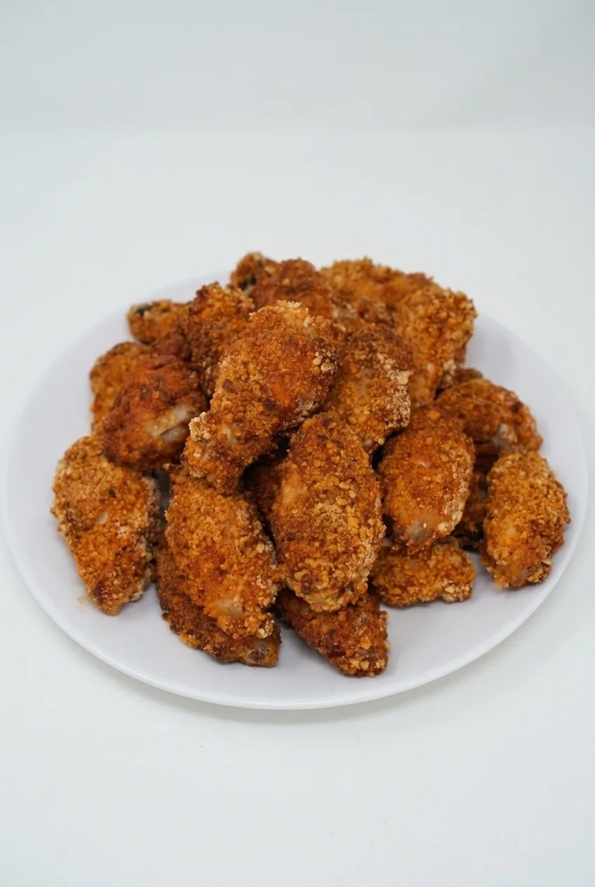 Full plate of unsauced crispy fried chicken wings on a light surface