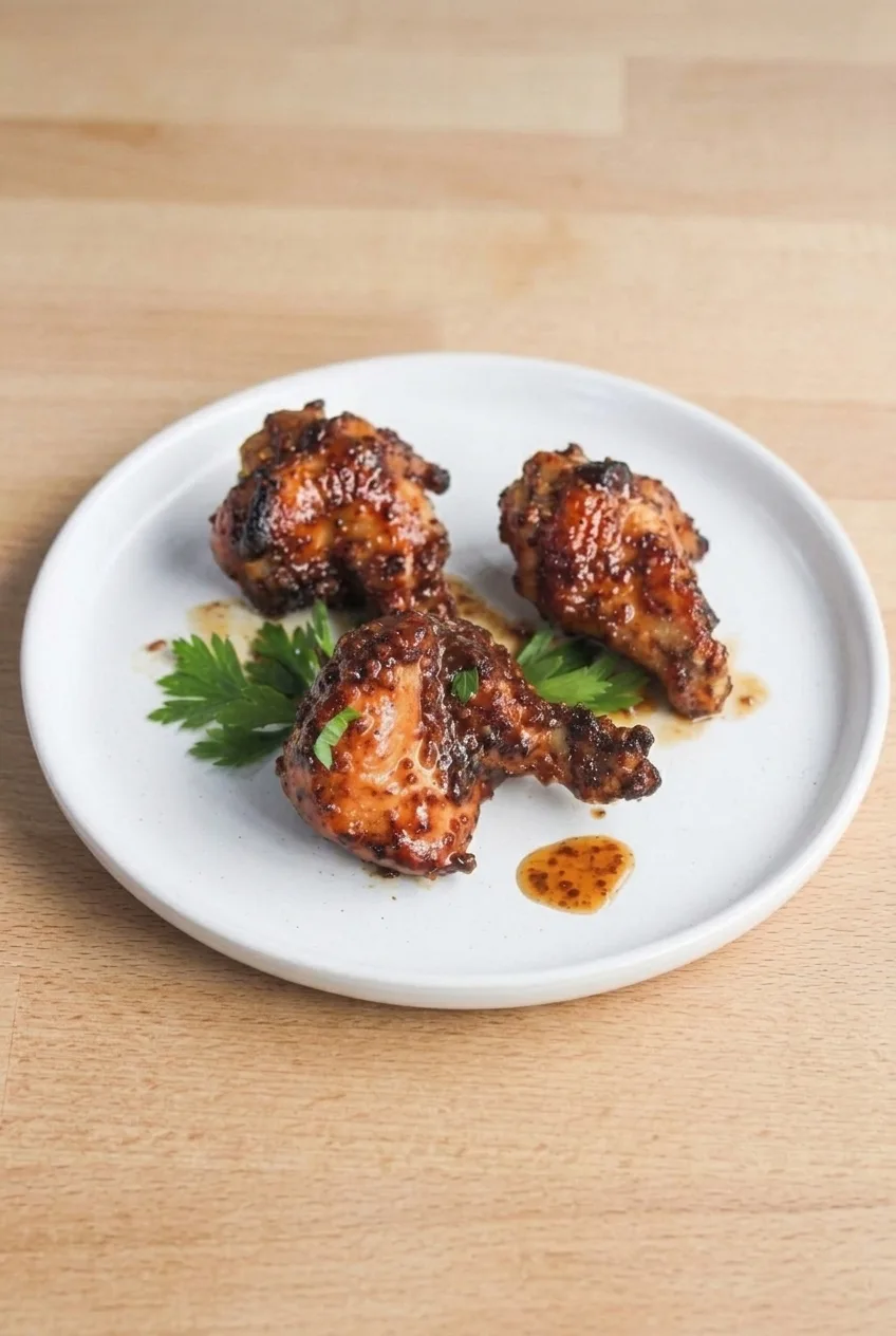 Full plate of honey mustard chicken wings with parsley on a neutral tabletop