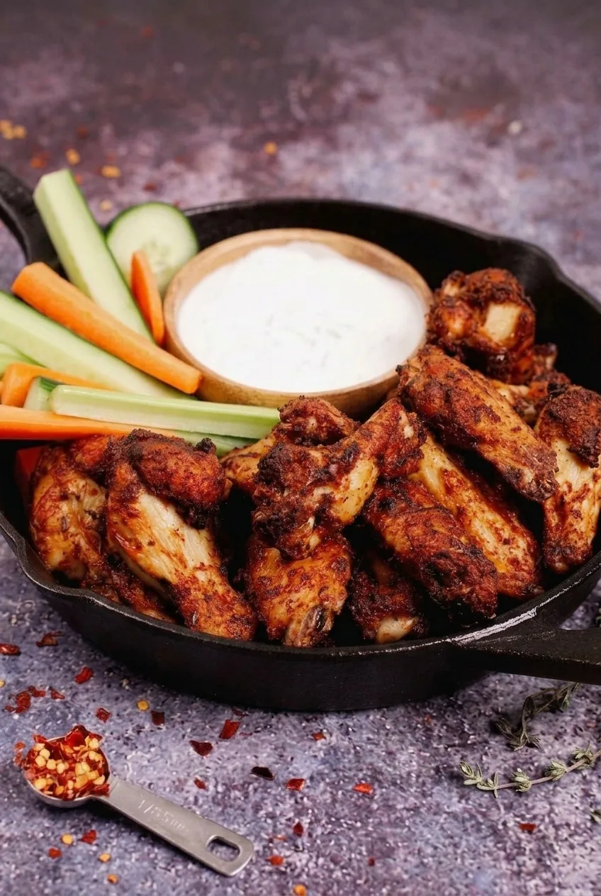 Full skillet of Cajun dry rub wings with a bowl of white dip and vegetables on a dark tabletop