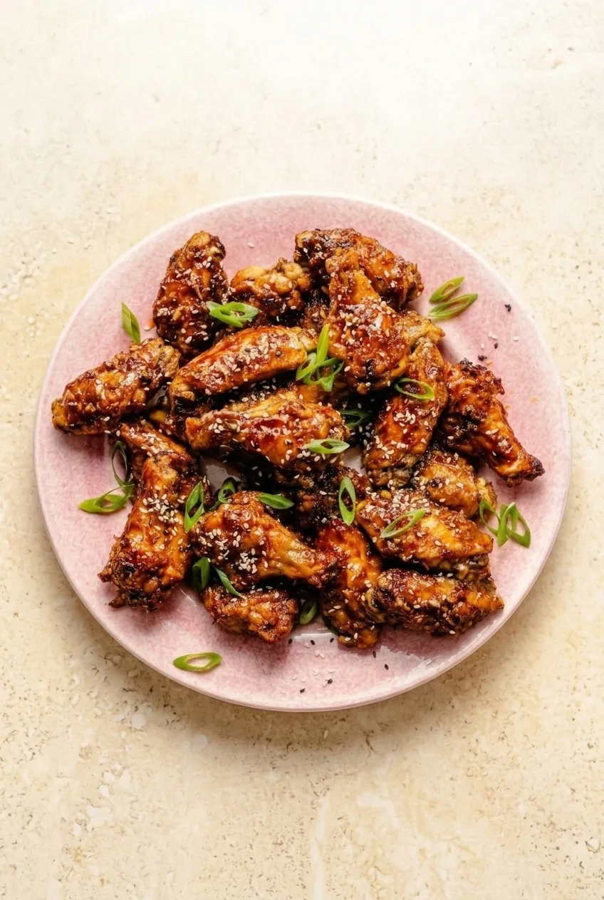 Full plate of sticky Asian chicken wings on a light tabletop, finished with sesame seeds and scallions