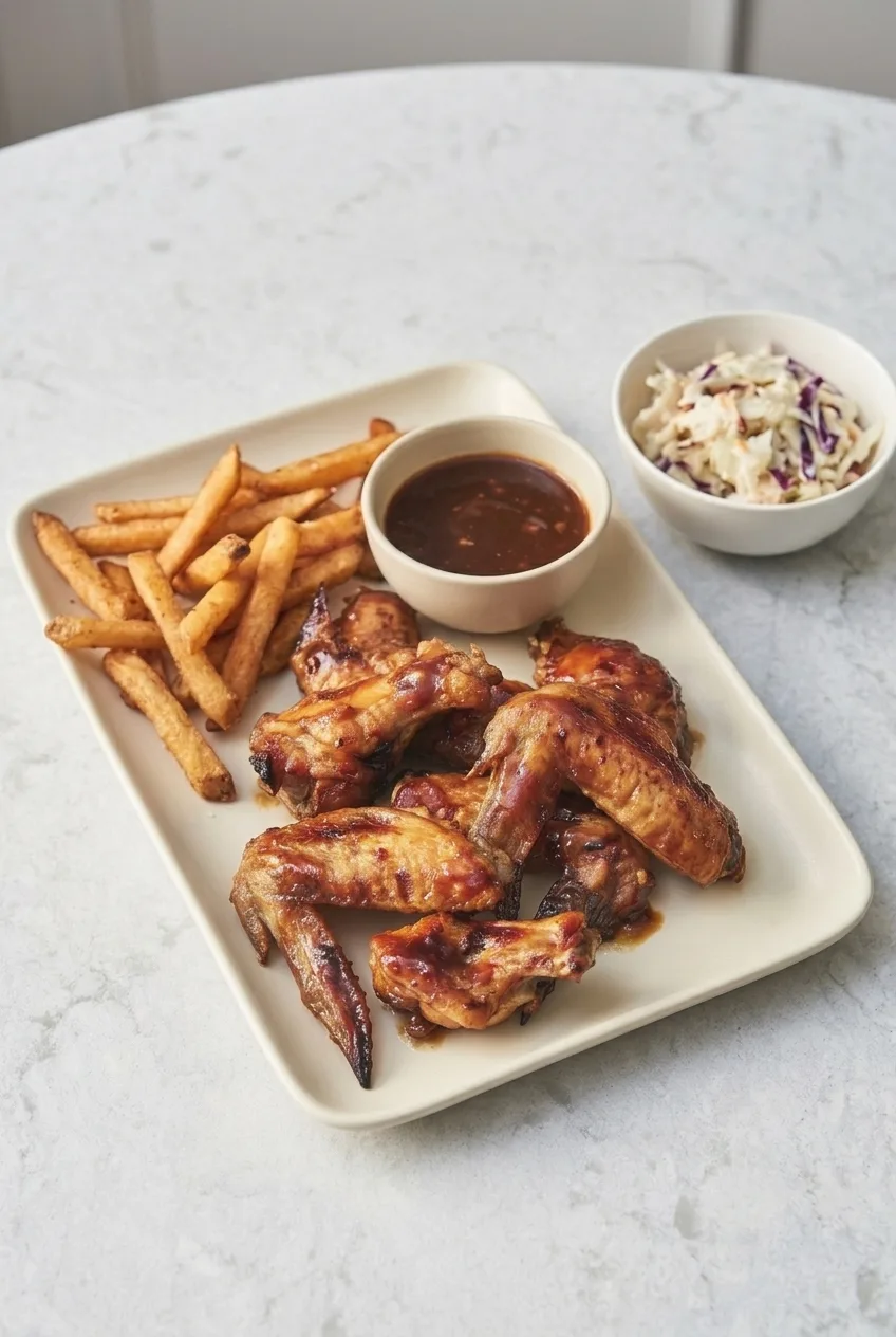 Full platter of maple glazed chicken wings with fries and separate bowls of glaze and coleslaw
