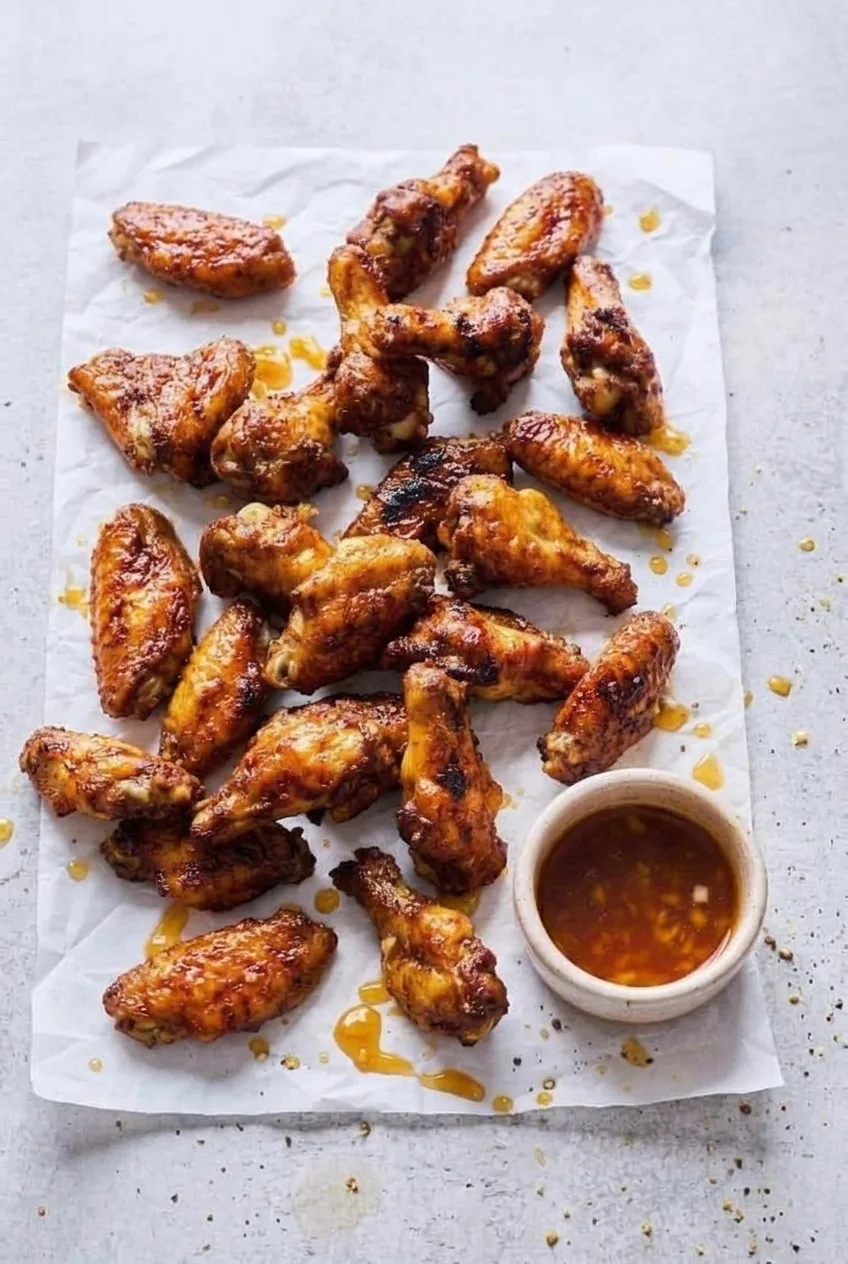 Full parchment-lined tray of Jamaican jerk chicken wings with amber dipping sauce on a pale gray surface