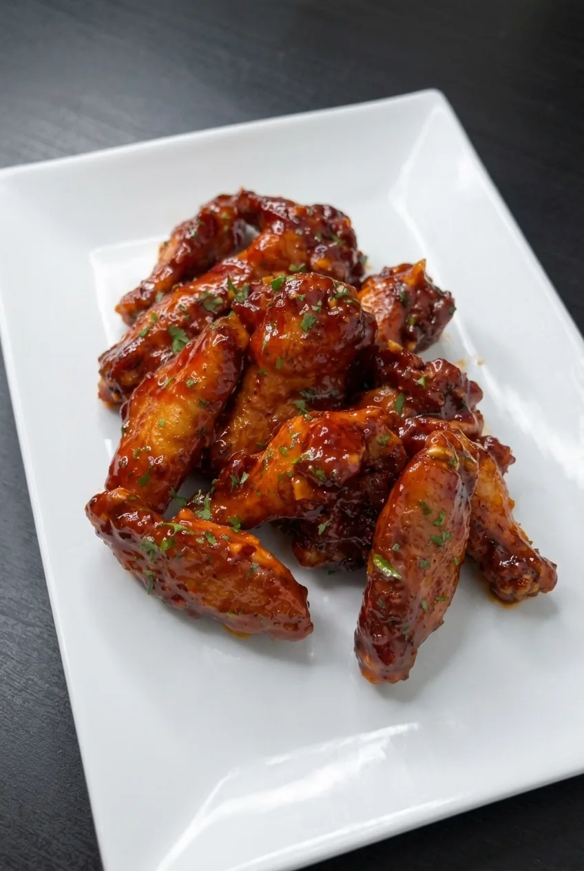 Full white plate of glazed smoky paprika chicken wings on a dark surface