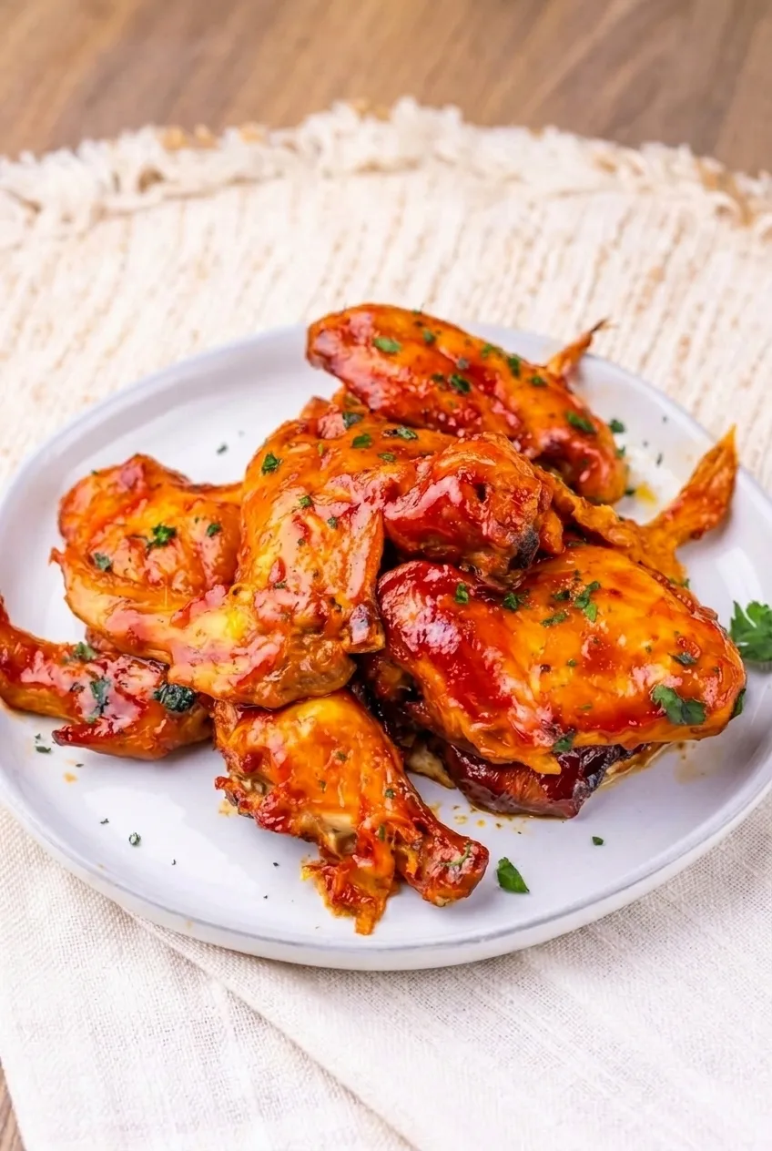 Full plate of glossy chipotle honey chicken wings on a light woven surface, photographed from farther back