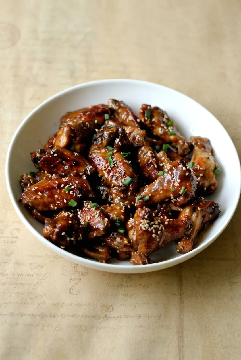Full bowl of sticky sesame chicken wings on a beige tabletop, seen from a wider angle