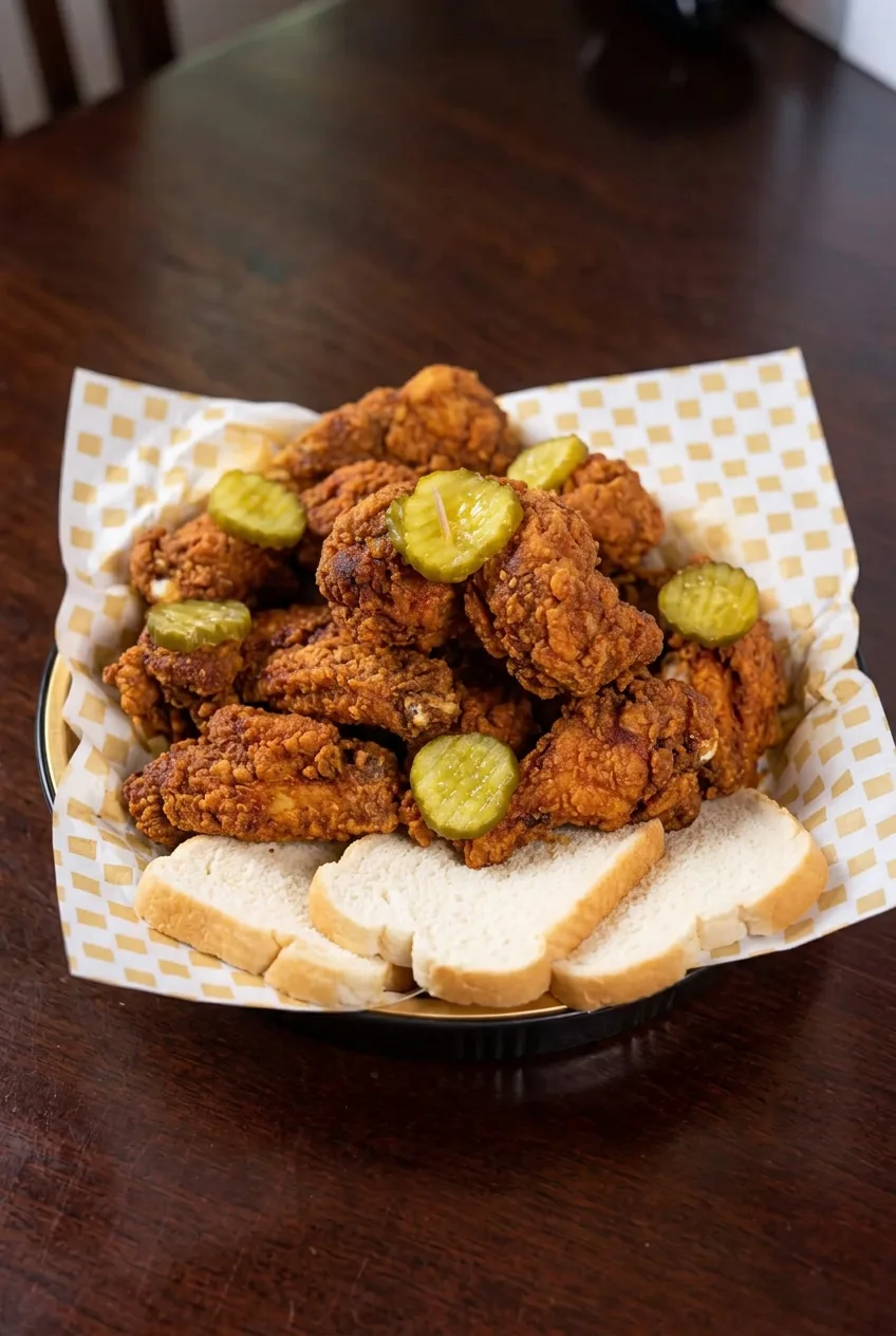 Paper-lined tray of Nashville hot chicken wings, pickle chips and white bread on a dark table