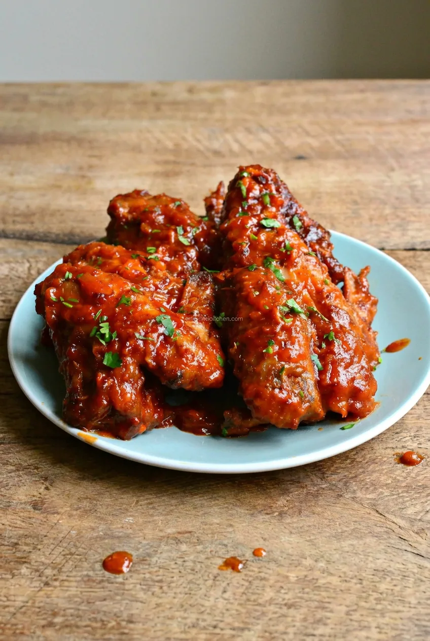 Full plate of glazed pineapple BBQ chicken wings on a rustic table