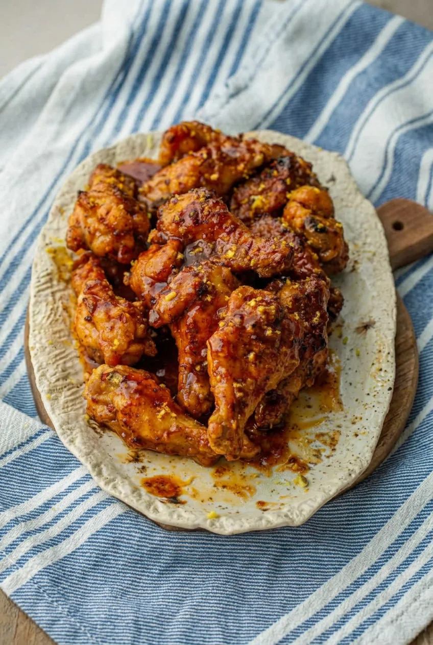 Full platter of glazed hot honey lemon pepper wings on blue-and-white striped fabric