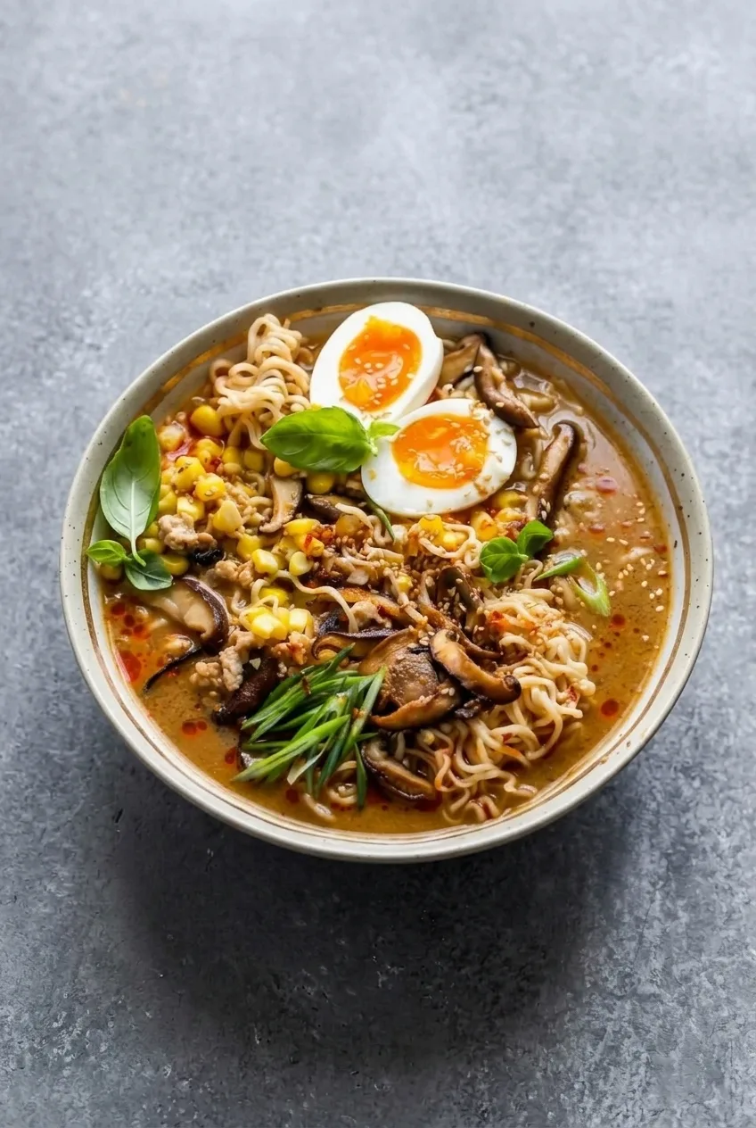 Complete bowl of spicy ramen noodles with eggs, mushrooms and corn on a dark tabletop
