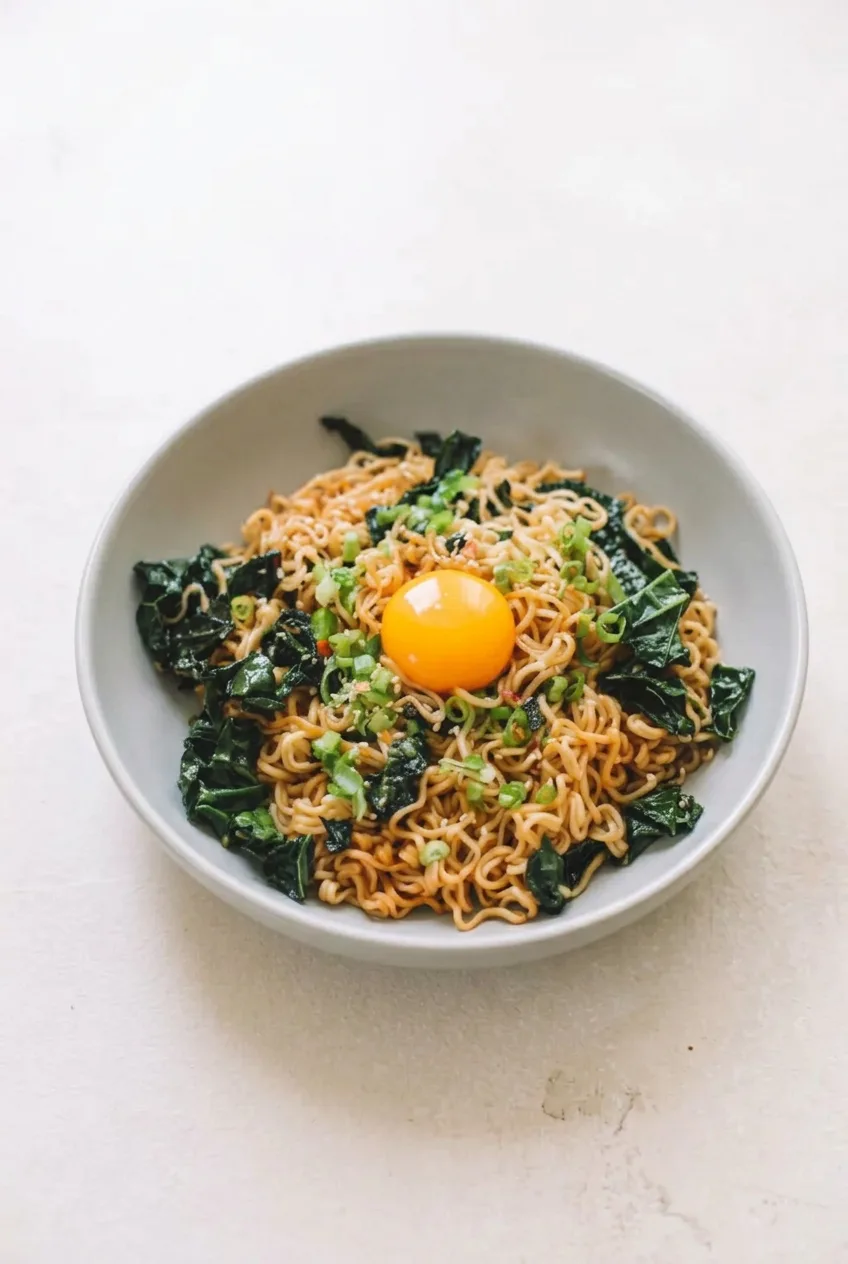 Full bowl of garlic butter ramen with kale and an intact egg yolk on a light tabletop
