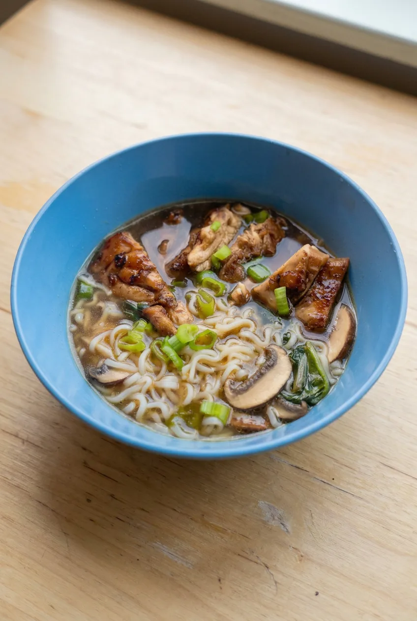 Complete blue bowl of honey garlic chicken ramen on a light surface, with broth and toppings visible
