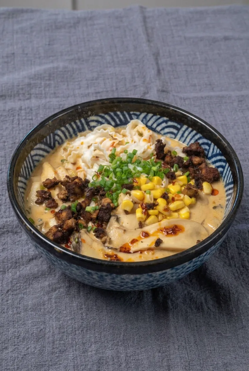 Complete bowl of creamy spicy ramen on a neutral tabletop, with its toppings and broth visible