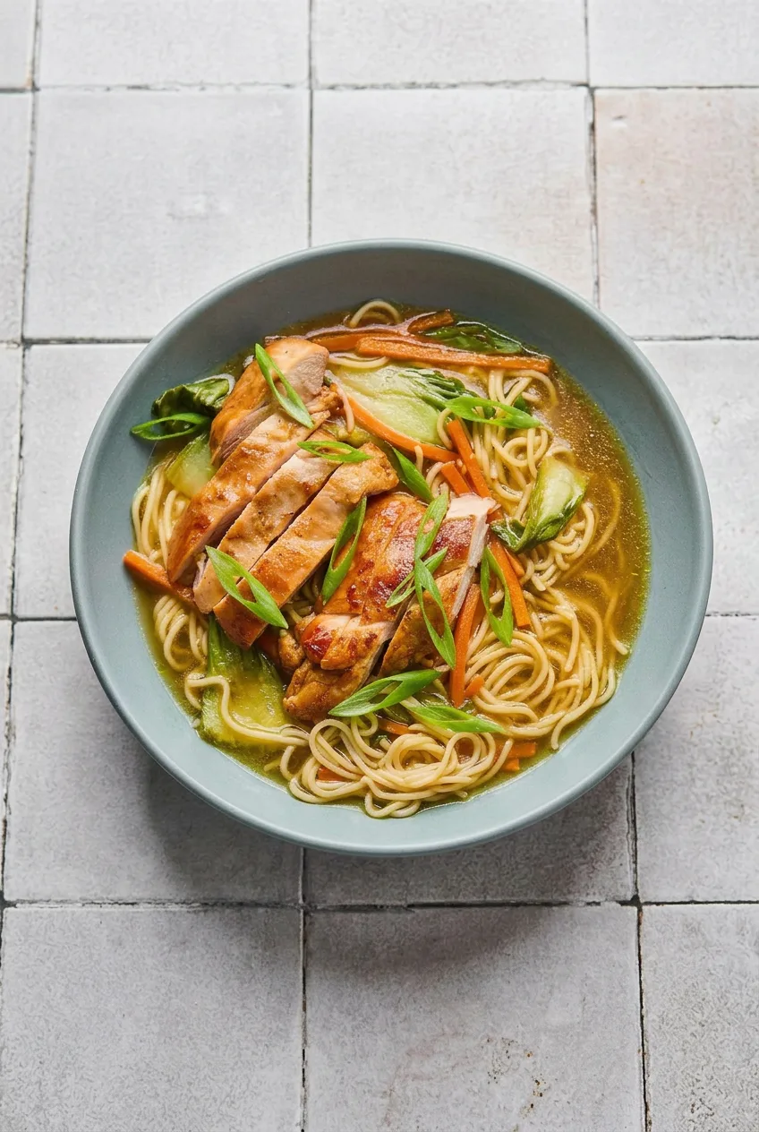 Complete bowl of teriyaki chicken ramen on a light gray tiled table