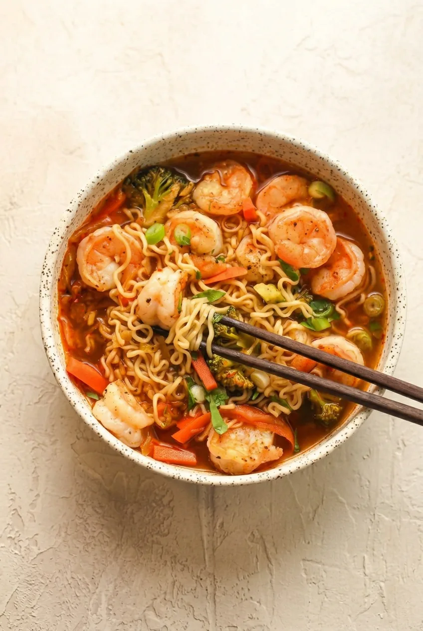 Complete bowl of shrimp ramen noodle soup on a neutral tabletop, with broth and vegetables visible