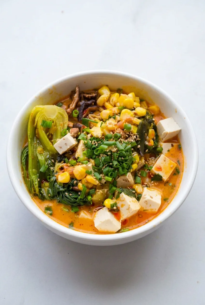 Complete bowl of spicy peanut butter ramen on a pale surface, with tofu, corn, and bok choy visible
