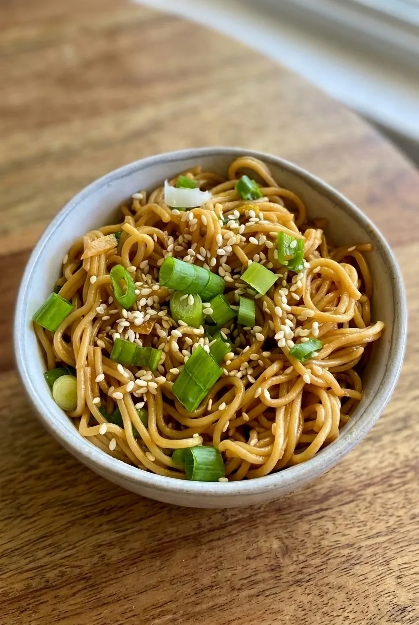 Complete bowl of sesame garlic ramen noodles on a wooden table, topped with sesame seeds and green onions