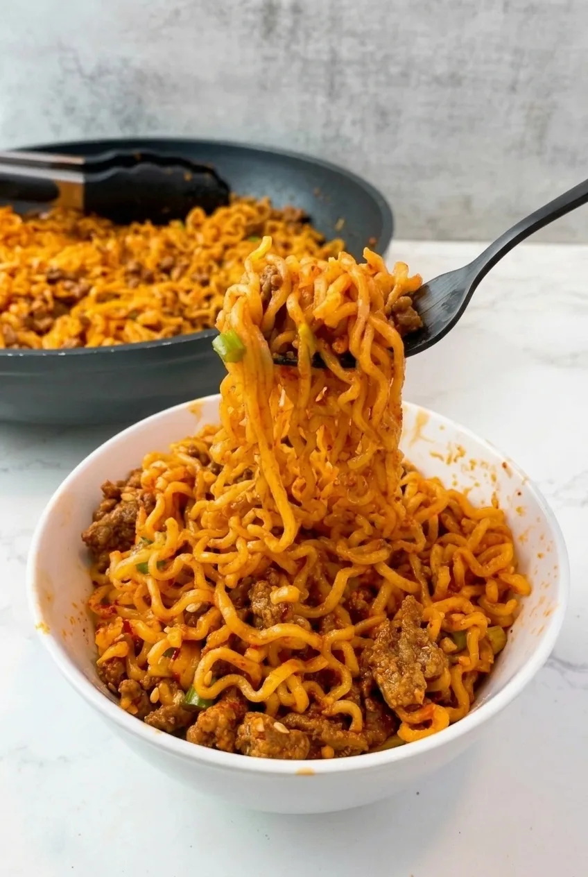 Full bowl of Korean gochujang ramen with ground beef and a skillet of noodles behind it