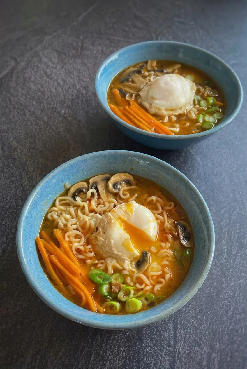 Two complete blue bowls of brothy egg ramen noodles with poached eggs and vegetables on a dark table