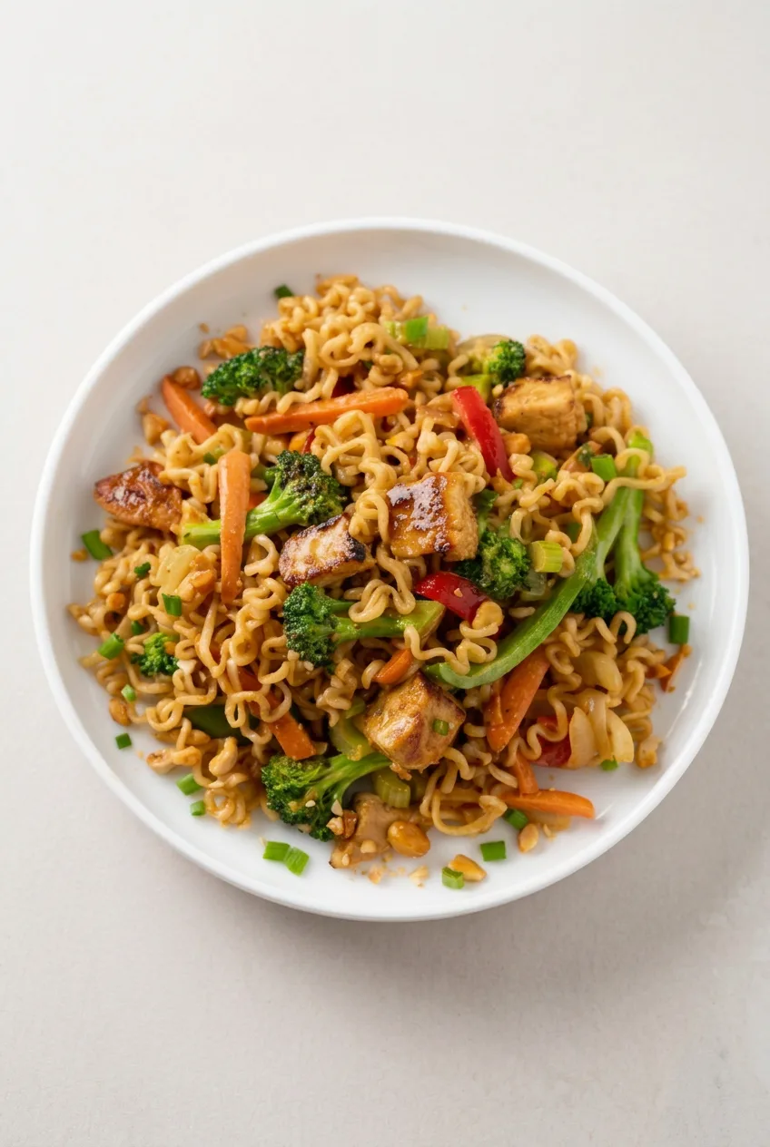 Full bowl of chicken ramen stir fry on a pale surface, with colorful vegetables visible