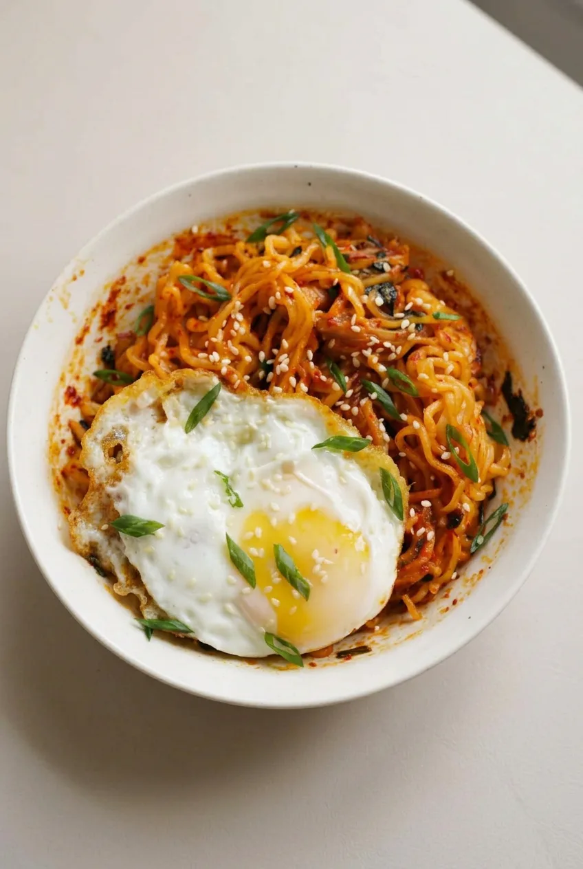 Complete bowl of chili oil ramen with a fried egg, scallions, and sesame on a pale tabletop