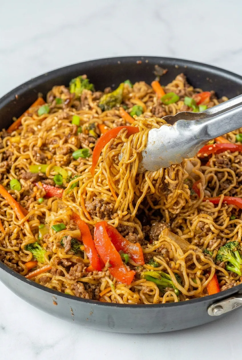 Full skillet of ground beef ramen stir fry with broccoli, red pepper, carrot, and green onions