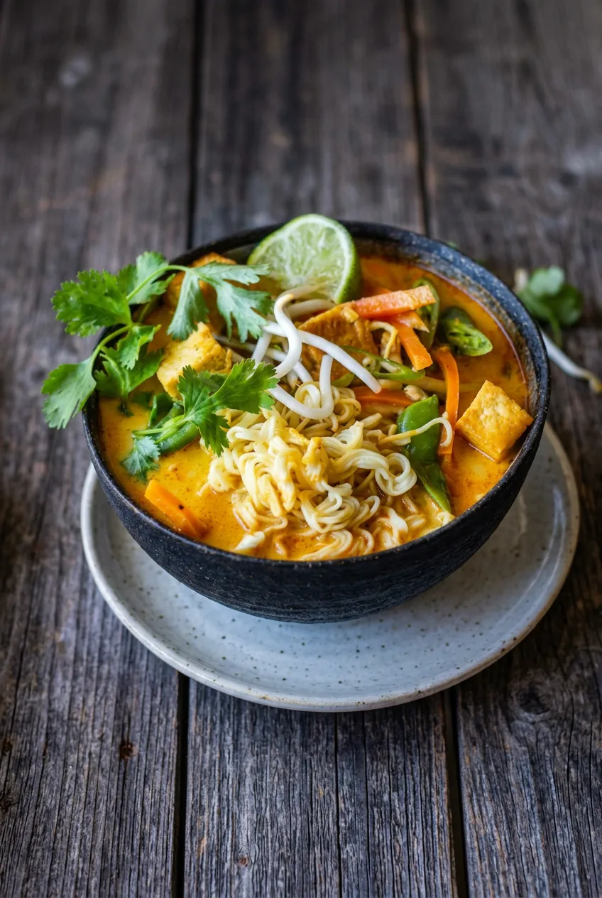 Complete bowl of Thai coconut curry ramen on a pale plate with the tabletop visible around it
