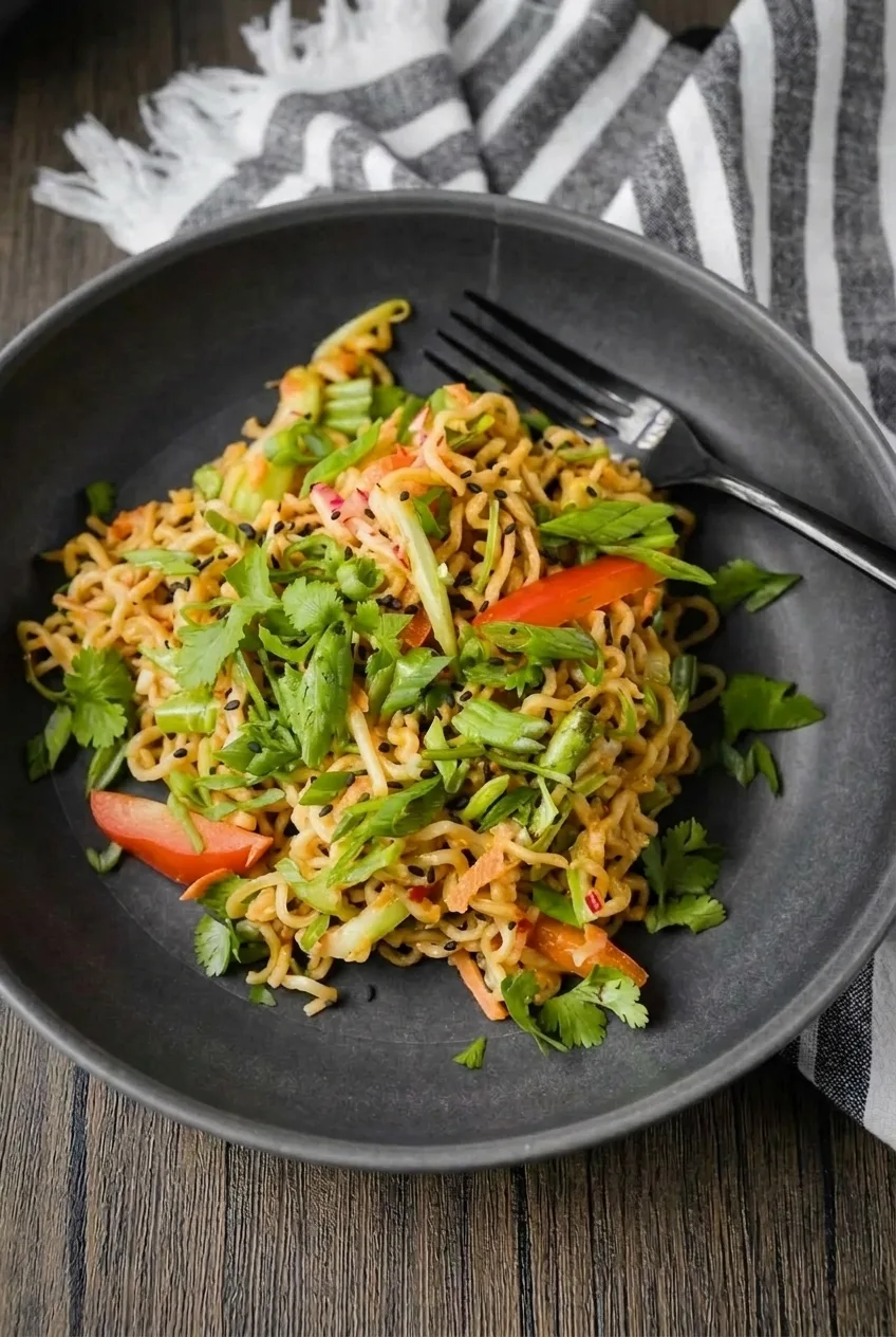 Complete plate of soy garlic ramen noodles on a dark wood table beside a striped cloth
