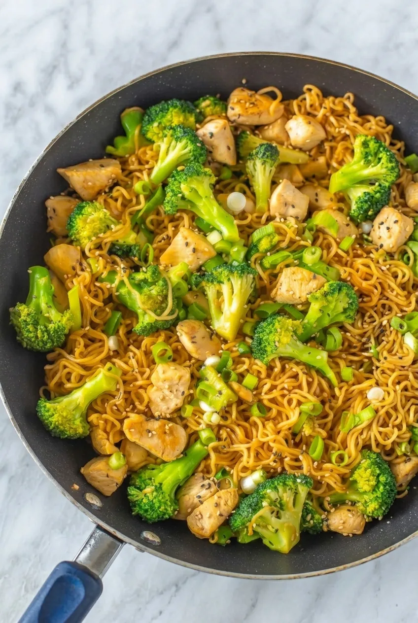 Complete skillet of chicken ramen with broccoli on a pale stone surface