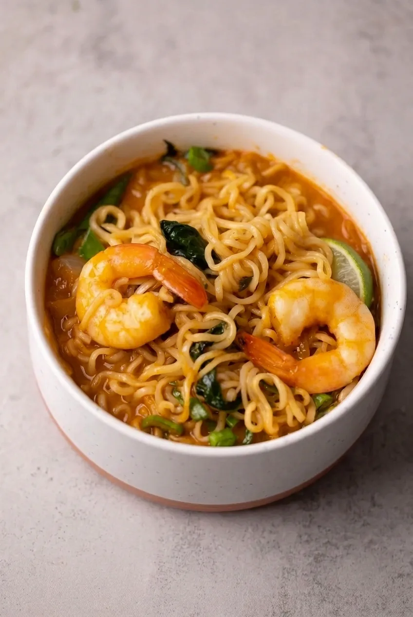 Complete bowl of spicy garlic shrimp ramen on a gray surface, with broth, greens, scallions, and lime visible
