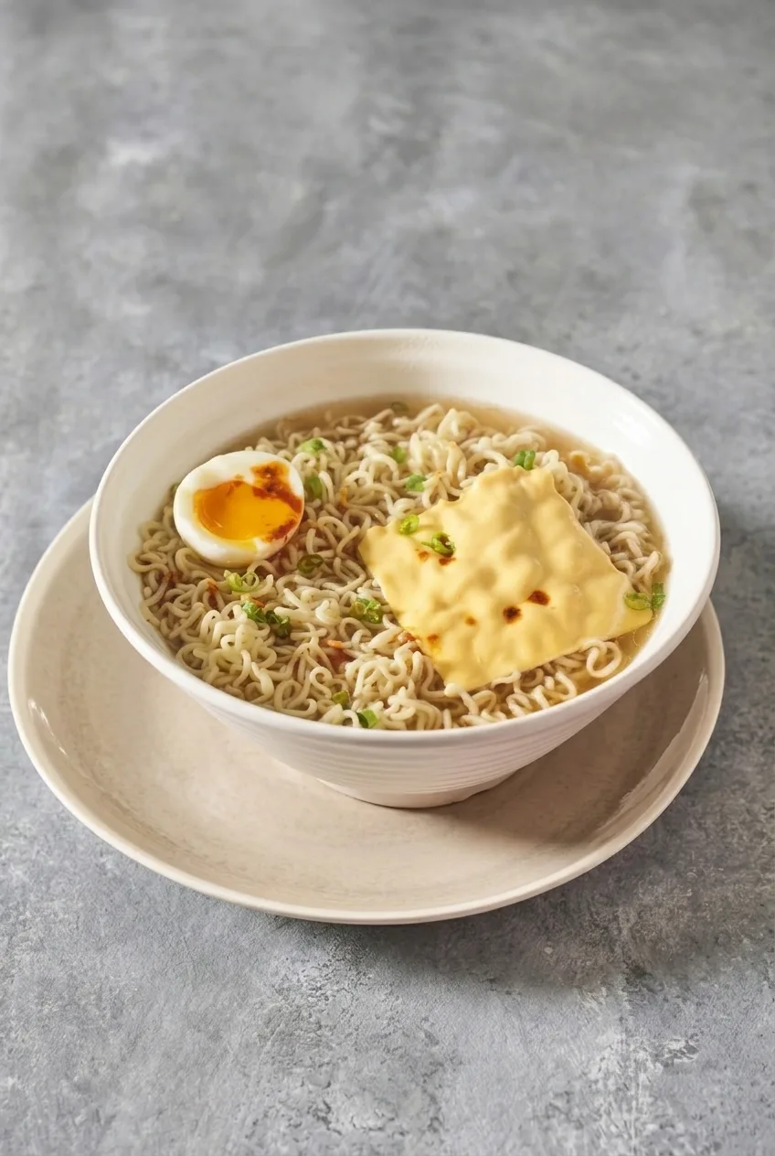 Full bowl of cheesy ramen noodles in broth, with egg, green onion, and chili oil on a gray tabletop