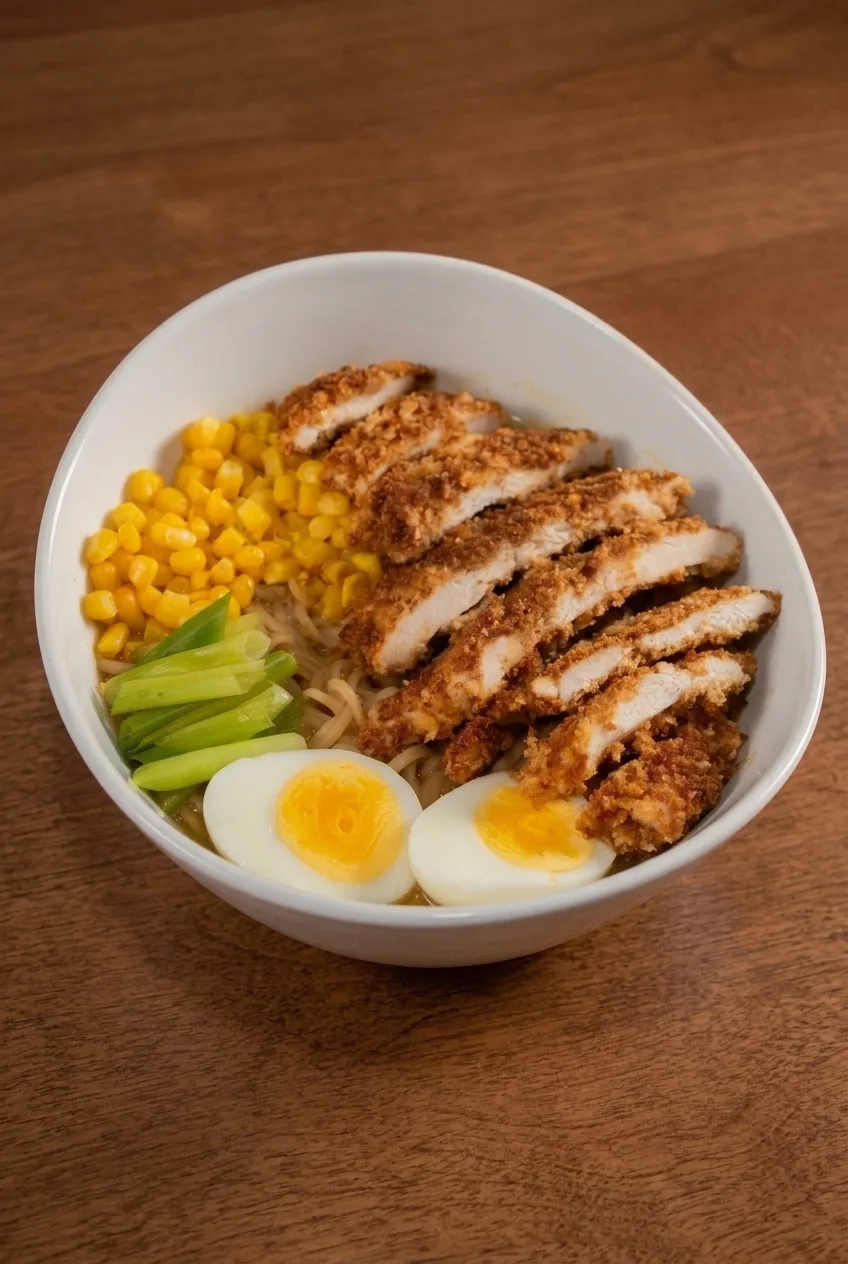 Complete bowl of crispy chicken ramen on a wooden table, with corn, green onions, and egg visible