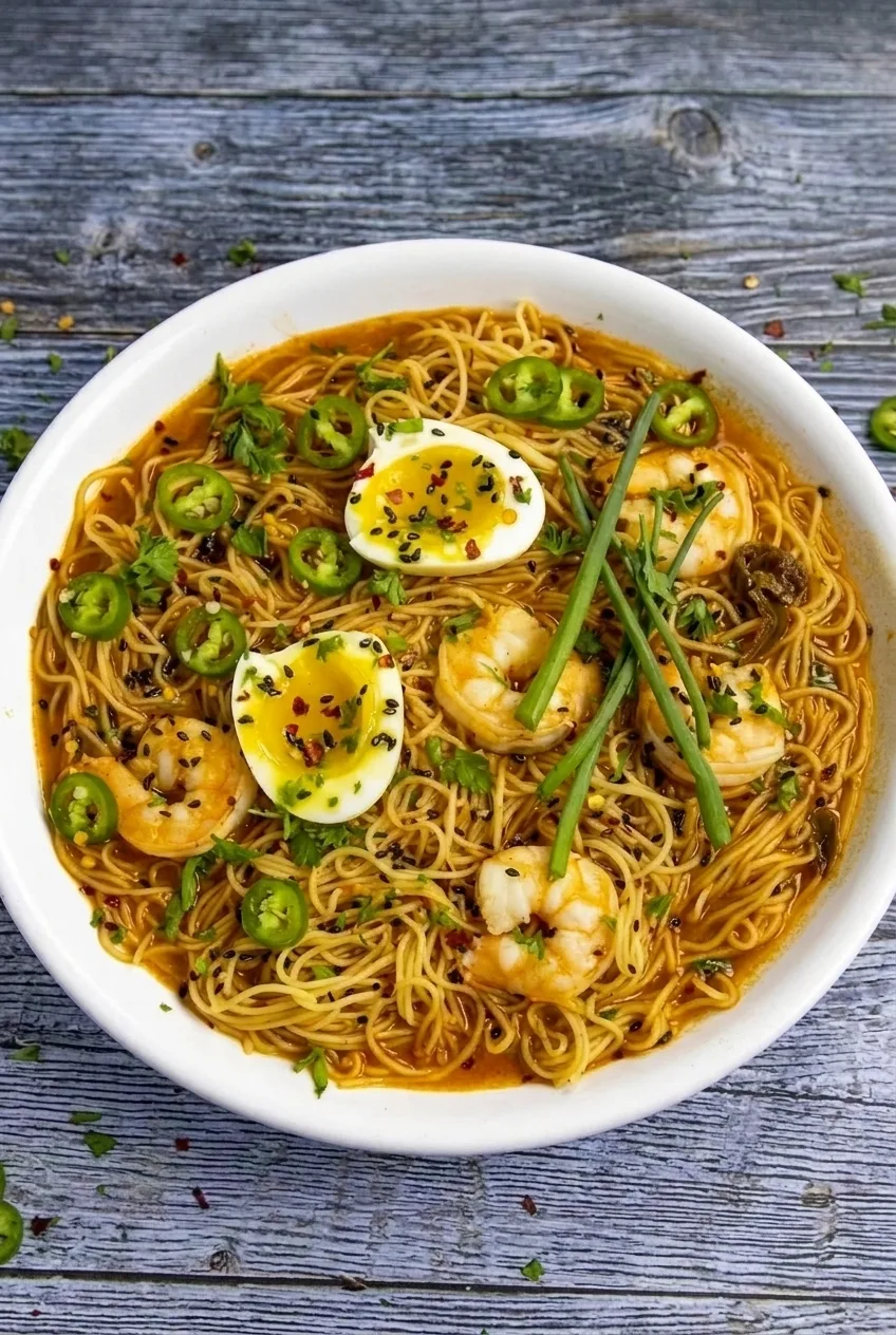 Complete bowl of shrimp and jammy egg ramen on a gray wooden table