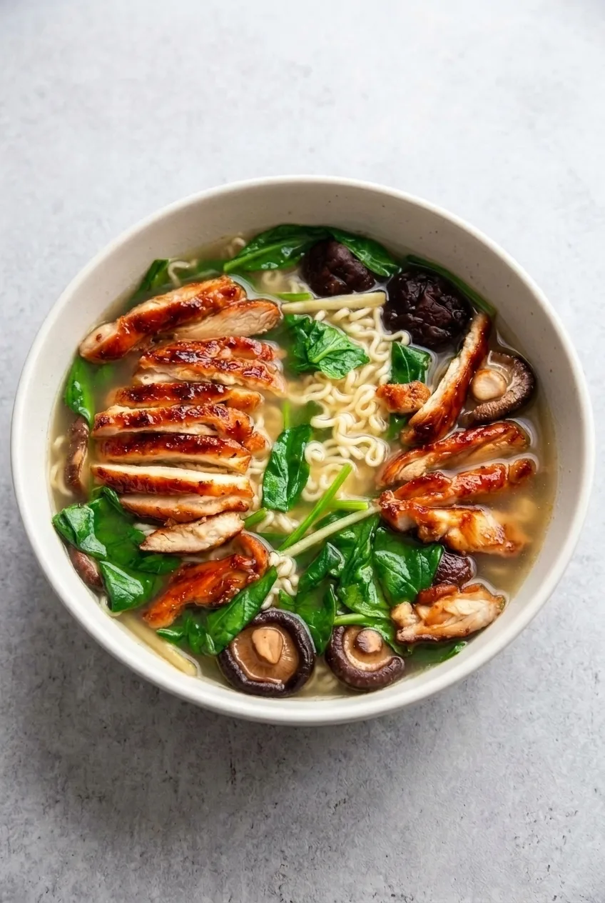 Complete bowl of ginger garlic chicken ramen on a pale stone surface