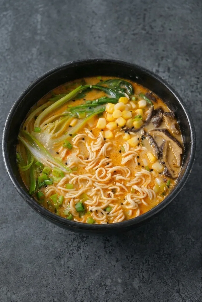 Full black bowl of vegetarian miso ramen with bok choy, corn, and mushrooms on a gray tabletop