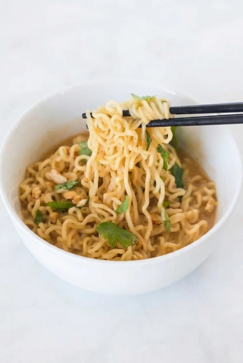 Full white bowl of peanut sesame ramen with a shallow sauce pool and noodles lifted by chopsticks