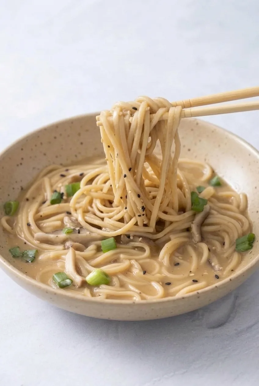 Wider view of a shallow sesame-garlic ramen bowl with lifted noodles and visible mushrooms