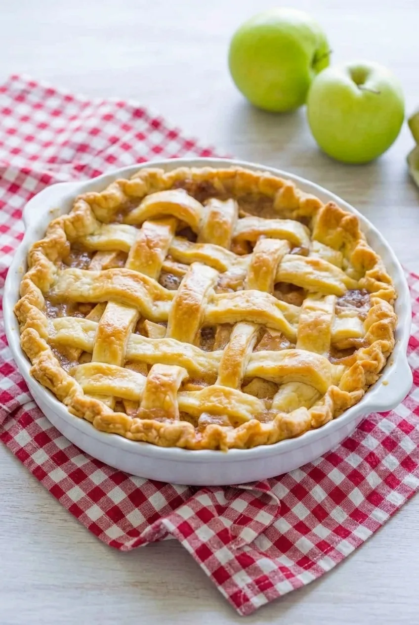 Whole lattice apple pie in its white fluted dish, shown with the surrounding table surface