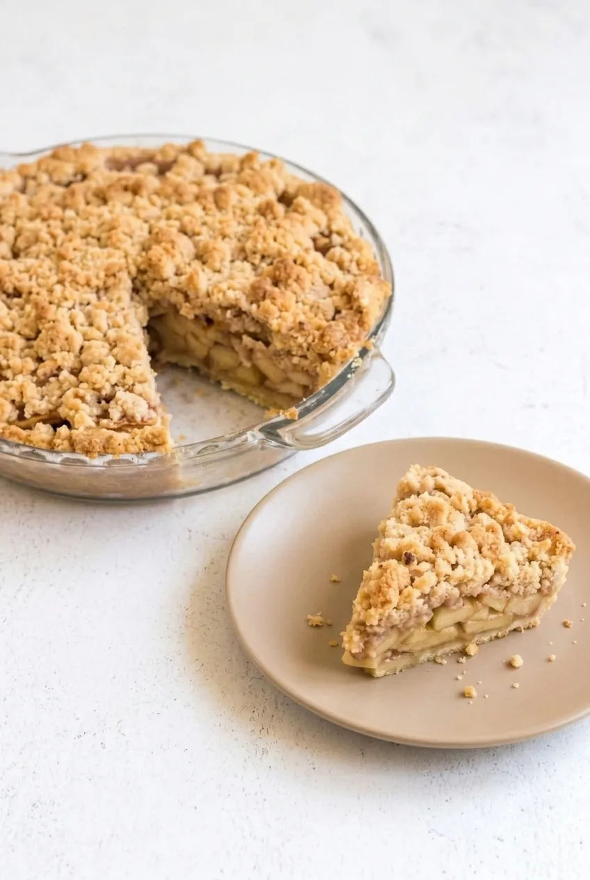 Dutch apple pie in a glass dish with one wedge removed and served on a nearby plate.