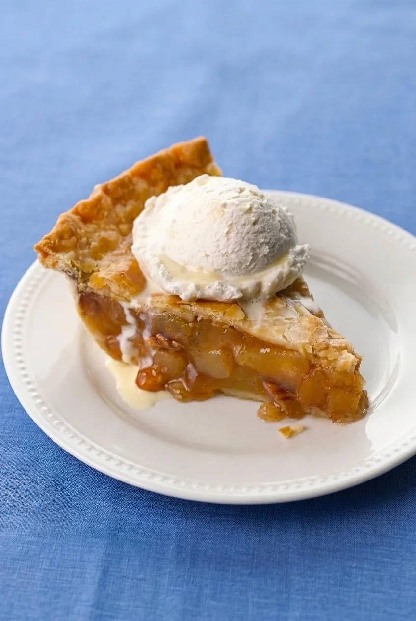 Full white plate holding a slice of double-crust caramel apple pie topped with vanilla ice cream