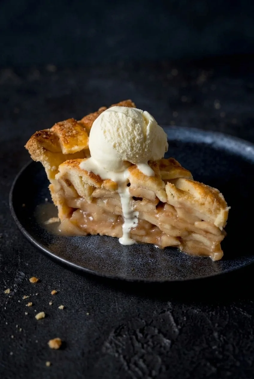Wider view of a deep dish apple pie slice with vanilla ice cream on a dark plate