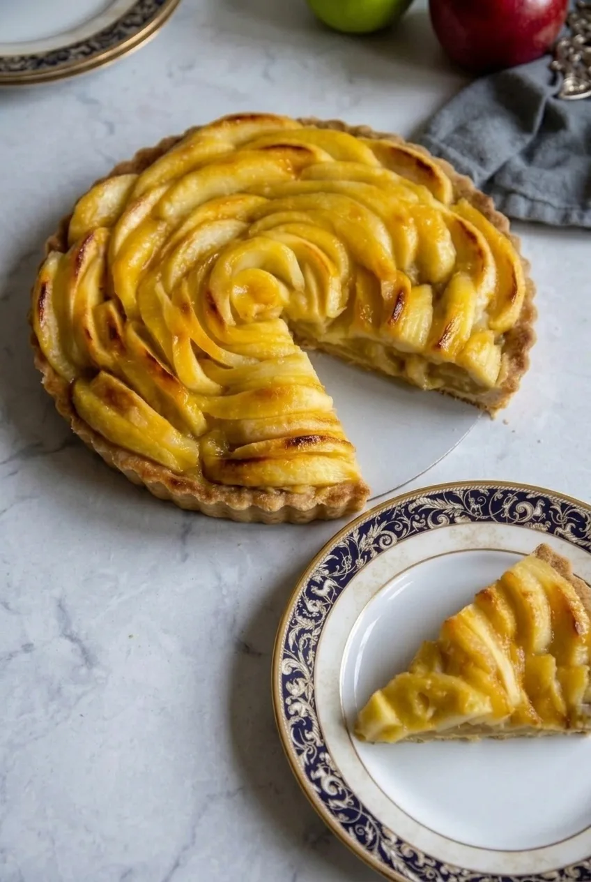 Whole French apple tart with a wedge removed and plated nearby on a gray tabletop