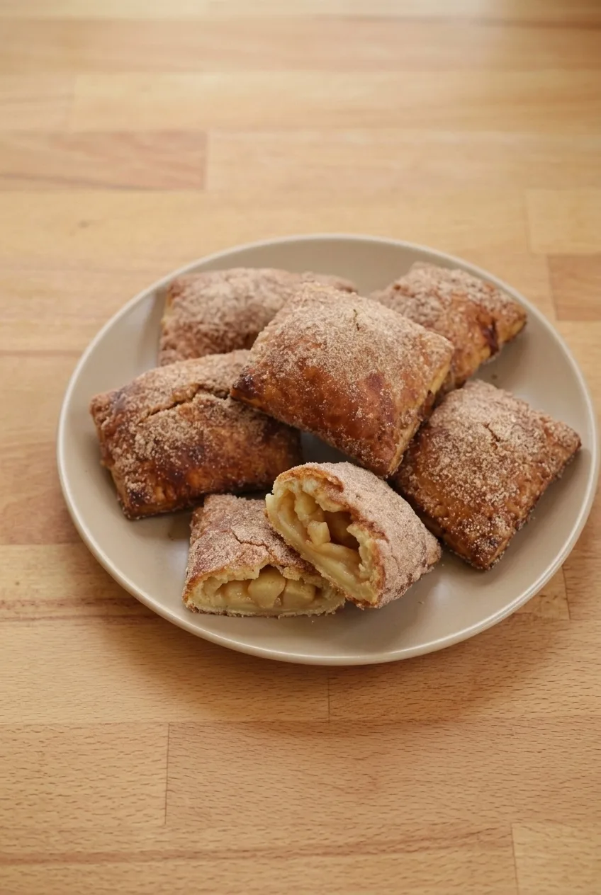Full plate of fried apple hand pies on a wooden table, including a broken-open piece