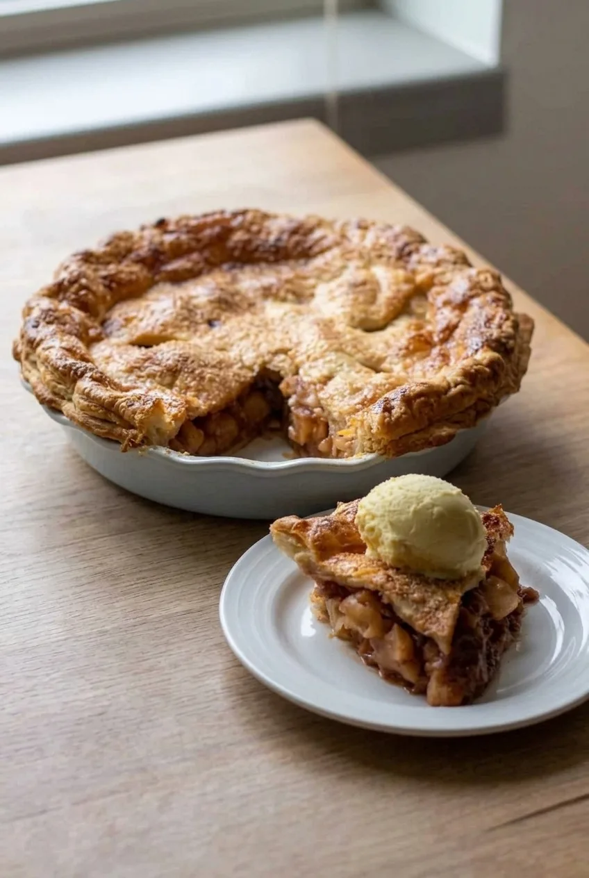 Round puff pastry apple pie with a wedge removed and an ice-cream-topped slice on a white plate