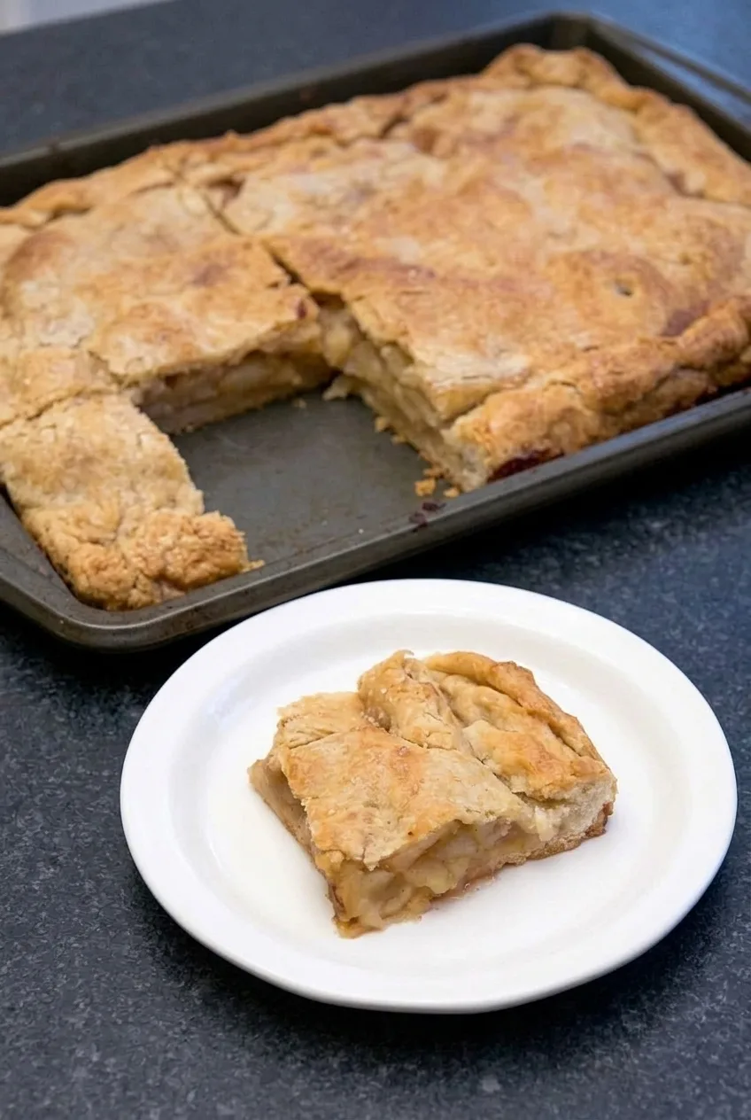 Wider view of apple slab pie in a rimmed pan with one rectangular portion served on a white plate