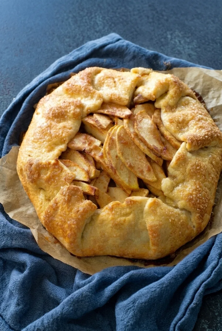 Whole rustic apple galette on parchment, seen from farther back against a dark blue surface